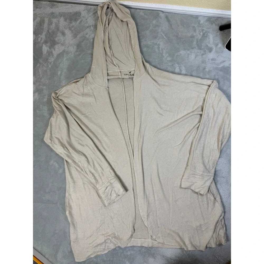 AMERICAN‎ EAGLE Cardigan Womens Medium Beige Soft & Sexy Hooded Open Front